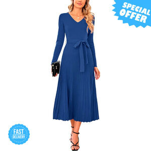 BRAND NEW Arach&Cloz Wool Blend Tie Waist Pleated Sweater Dress